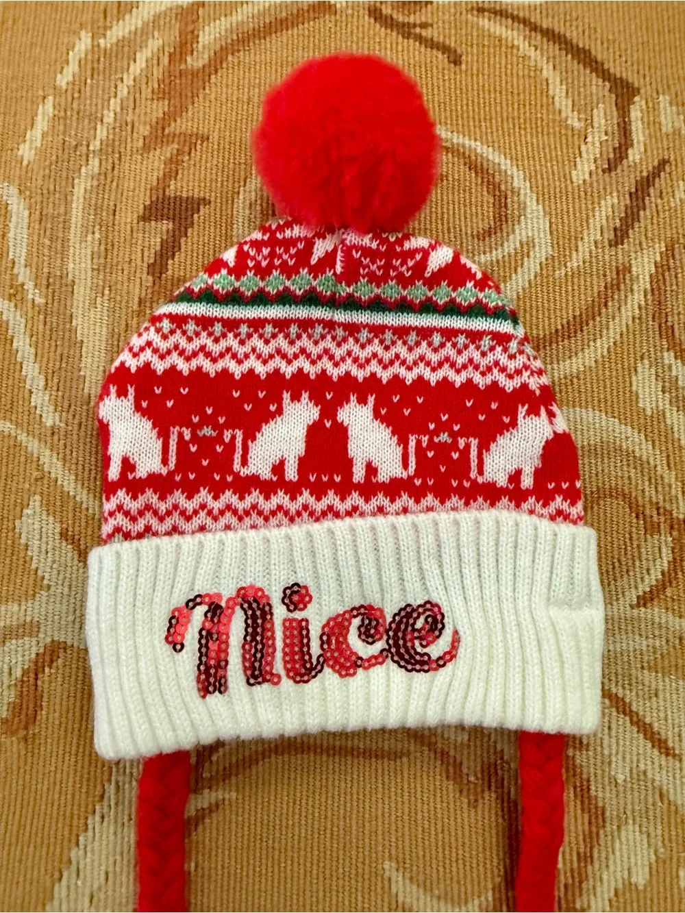 Little Cat Or Dog Christmas Holiday Santa Hat Naughty/Nice Pom Poms Red White